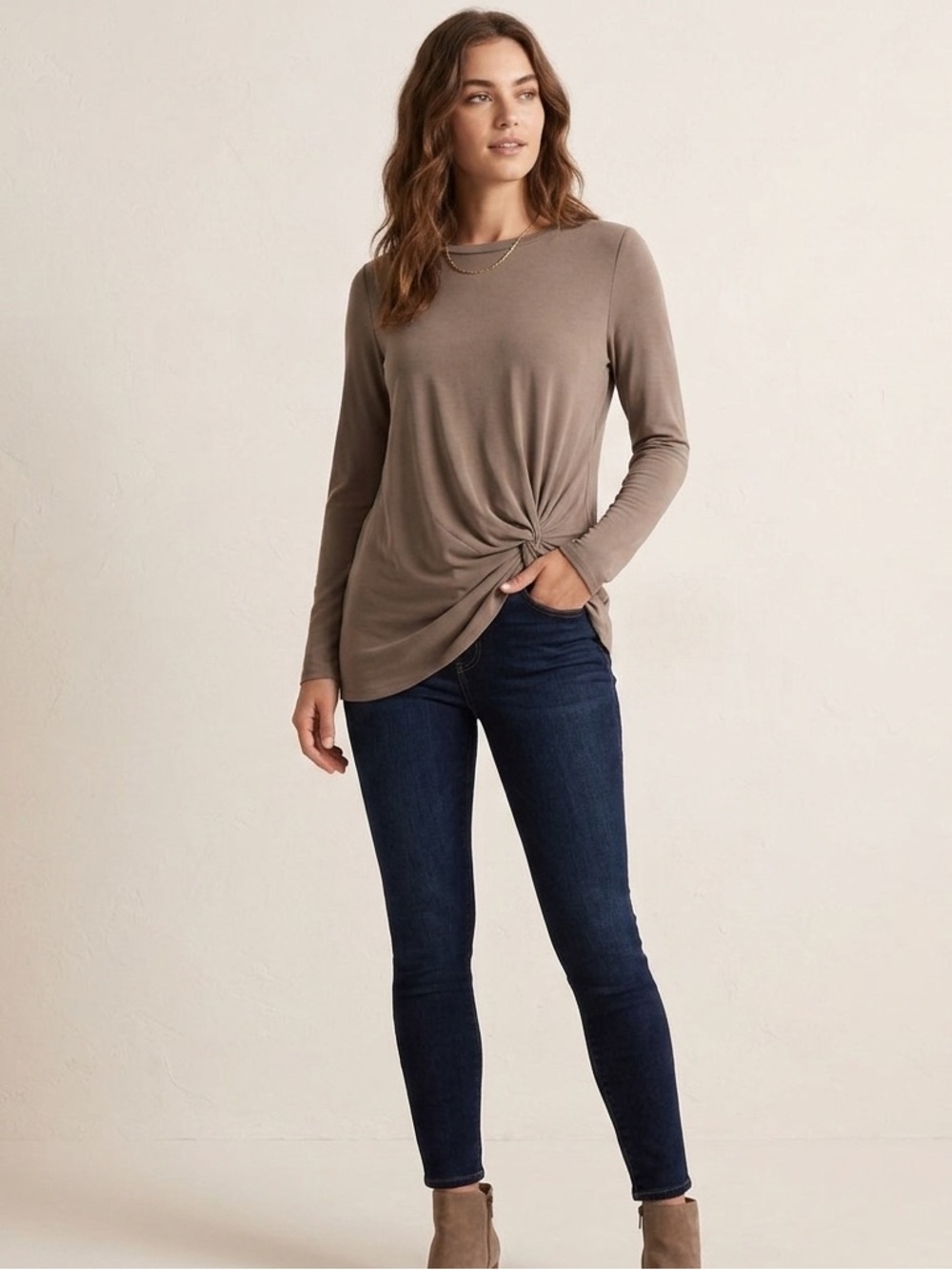 JODIFL Twist-Knot Long Sleeve Top Taupe Brown, Women’s Size Small